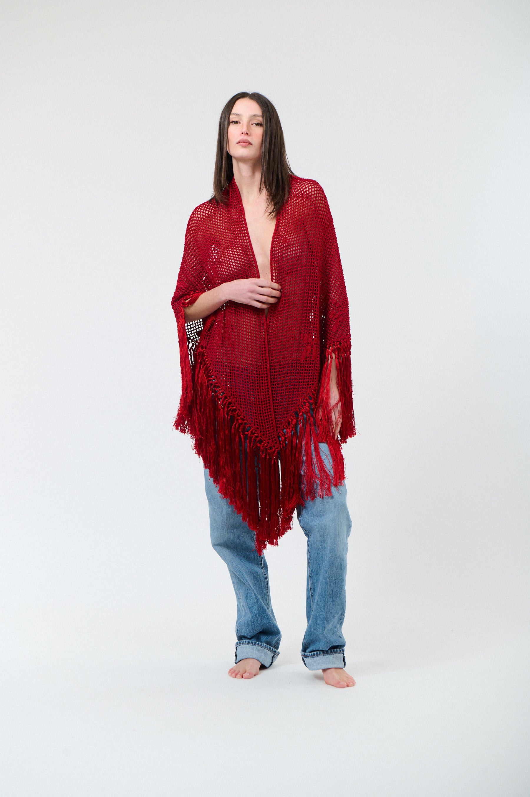 Scialle Rosa in Cotton Silk Blend, Etna Fire Red, On Model