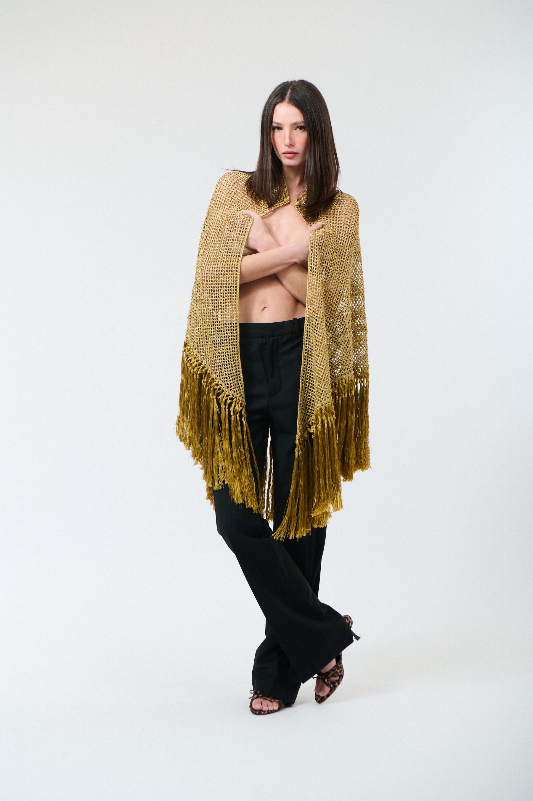 Scialle Rosa in Cupro Silk Blend, Gold, On Model