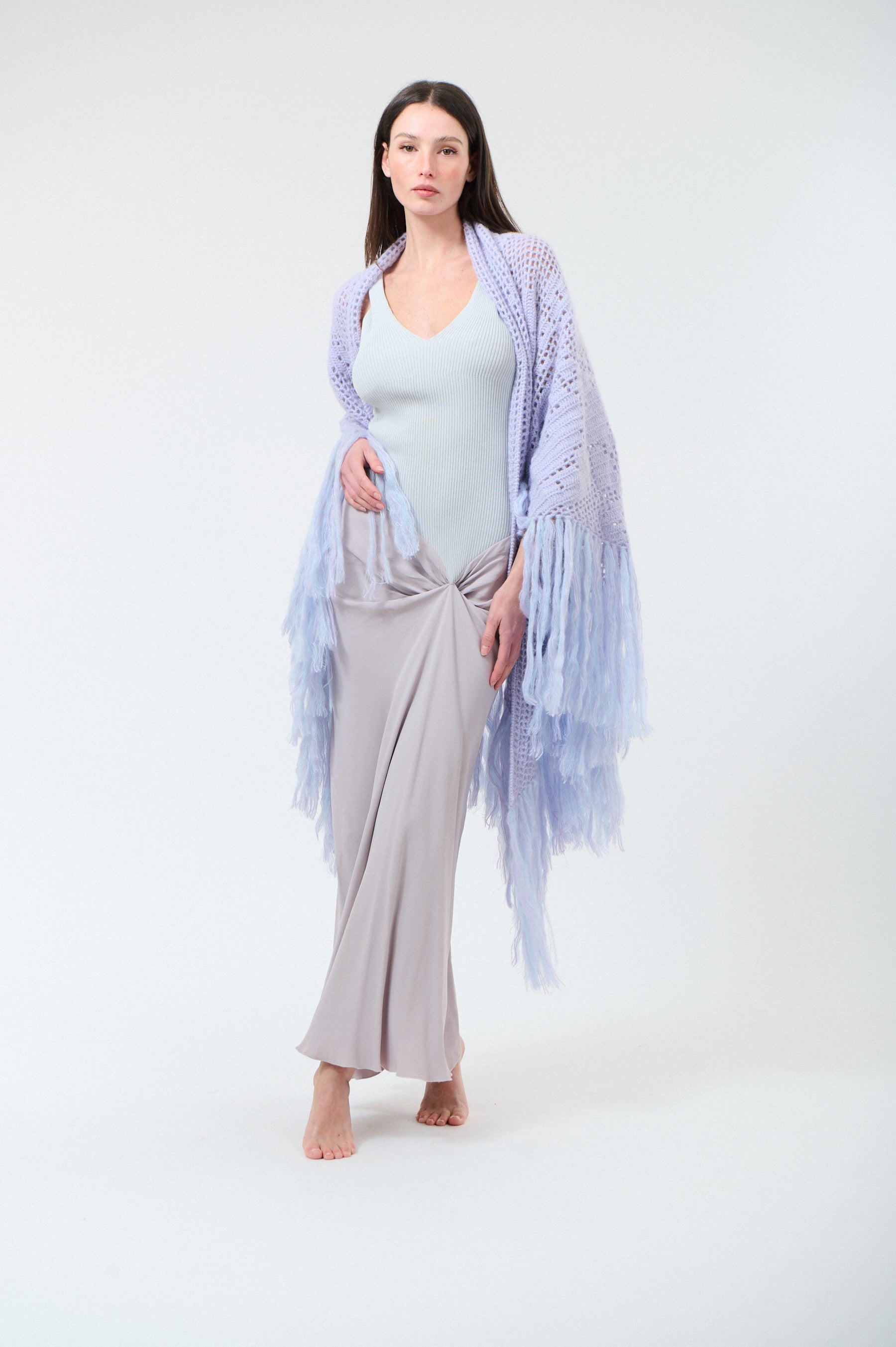 Scialle Coperta in Mohair Silk Blend, Celestial Blue, On Model 