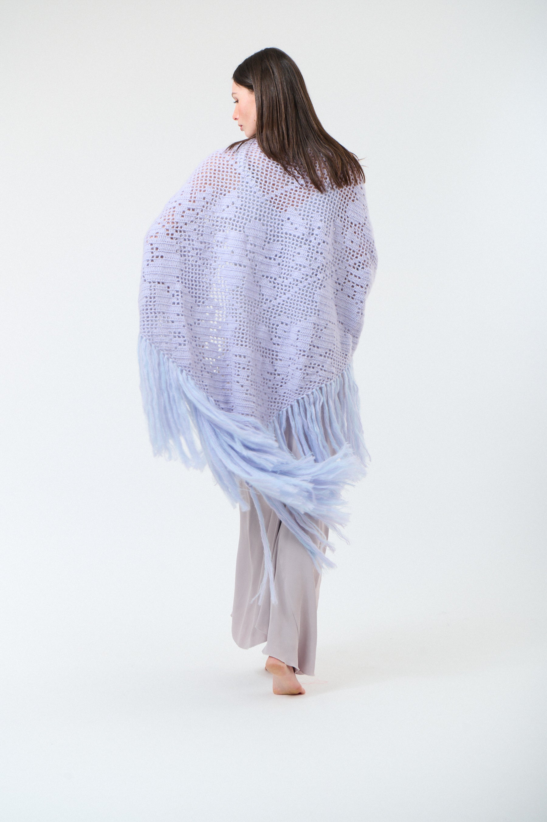 Scialle Coperta in Mohair Silk Blend, Celestial Blue, On Model 