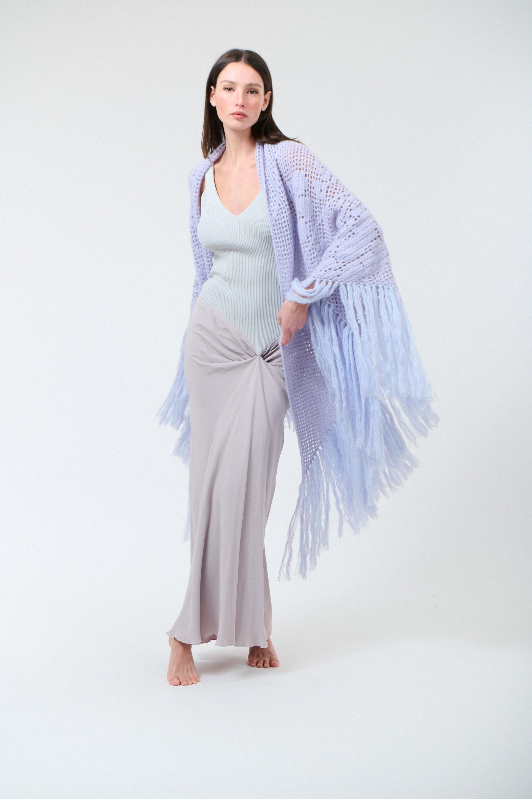 Scialle Coperta in Mohair Silk Blend, Celestial Blue, On Model 