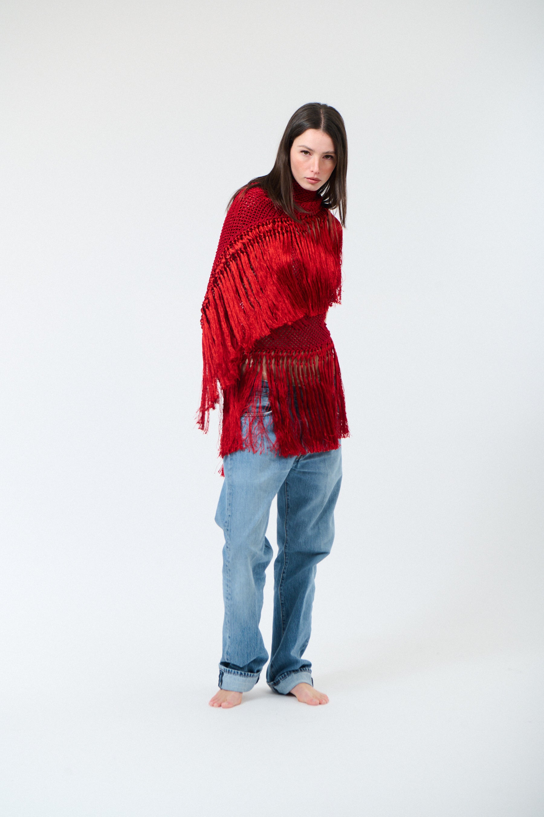 Scialle Rosa in Cotton Silk Blend, Etna Fire Red, On Model