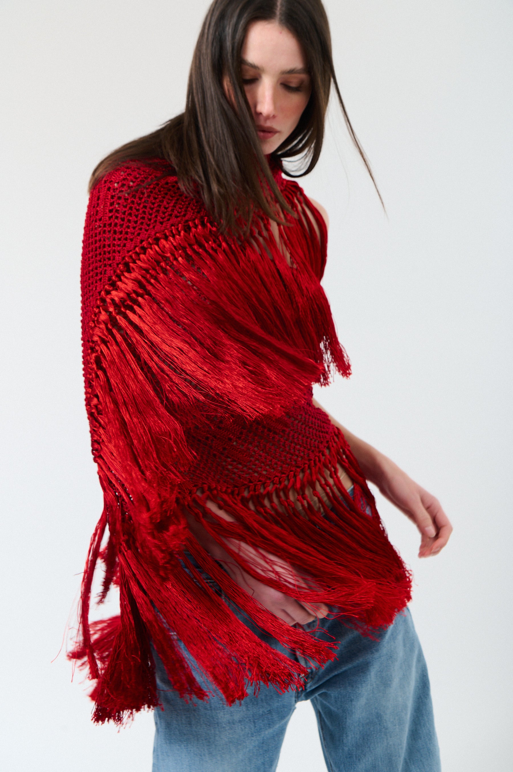 Scialle Rosa in Cotton Silk Blend, Etna Fire Red, On Model